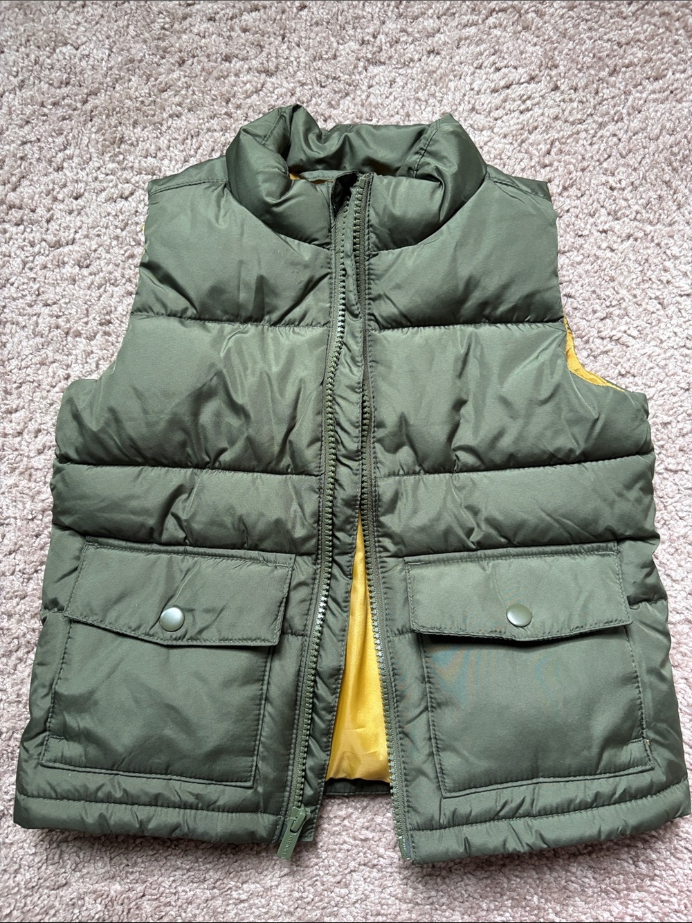 Old Navy Olive Green Puffer Vest with Mustard Yellow Lining
